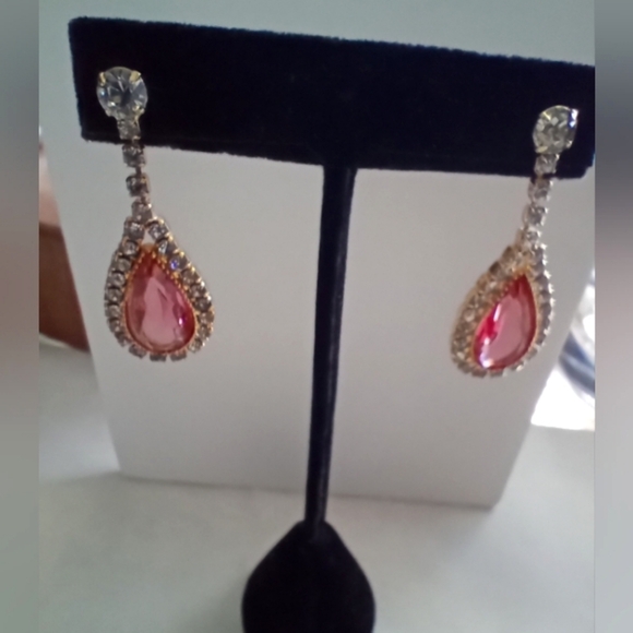 Pink Rhinestone Earrings Teardrop Pear Cut Clear Rhinestone Costume 1.5" Dangle - Picture 3 of 4